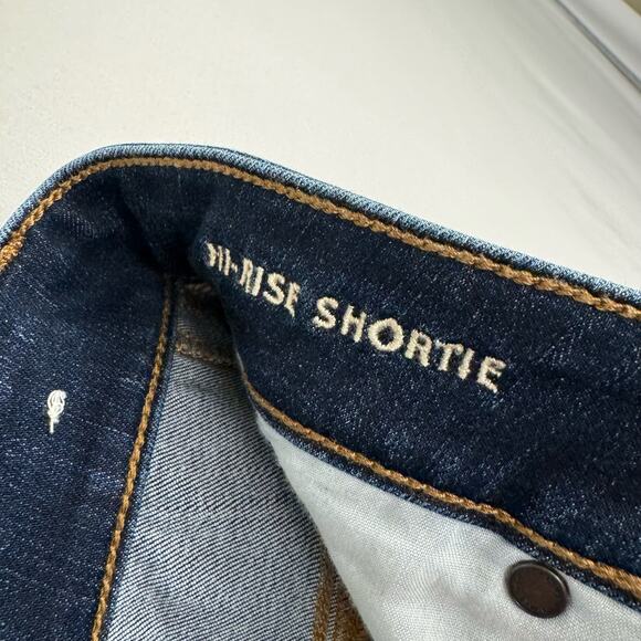 American Eagle Blue Dark Stone Wash Stretch Hi-Rise Cuffed Jean Shorts Sz 8 - Picture 7 of 11